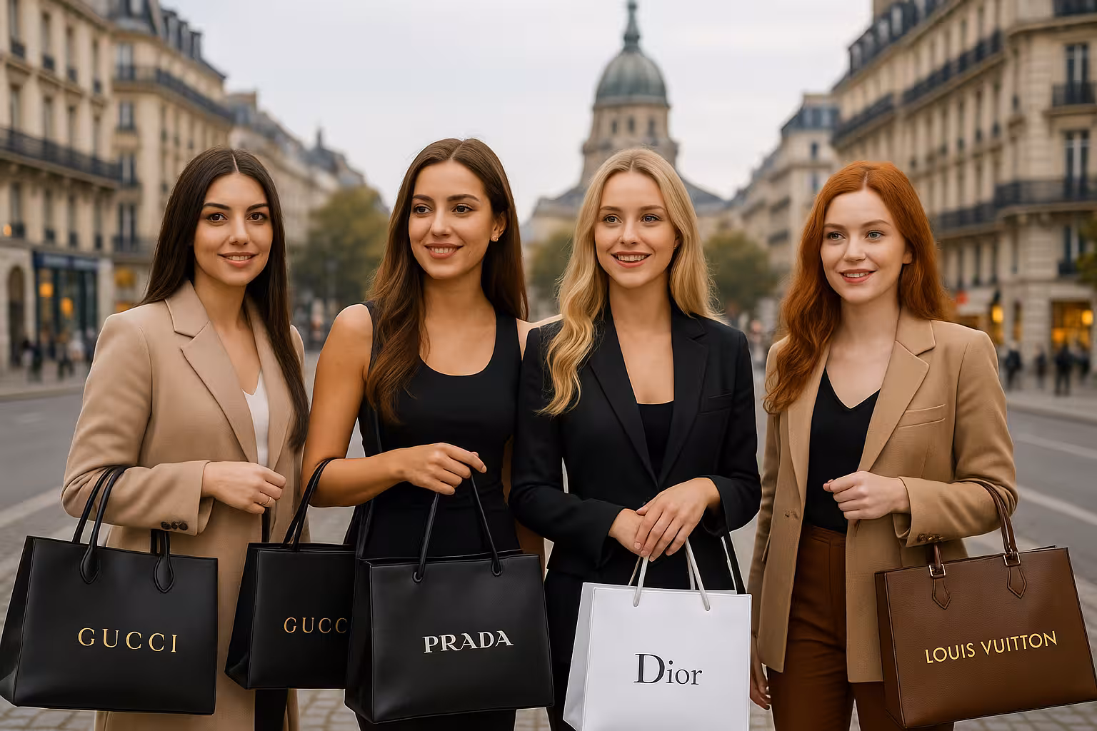 Grup de femei care fac cumpărături în oraș, purtând genți cu haine de mărci de lux