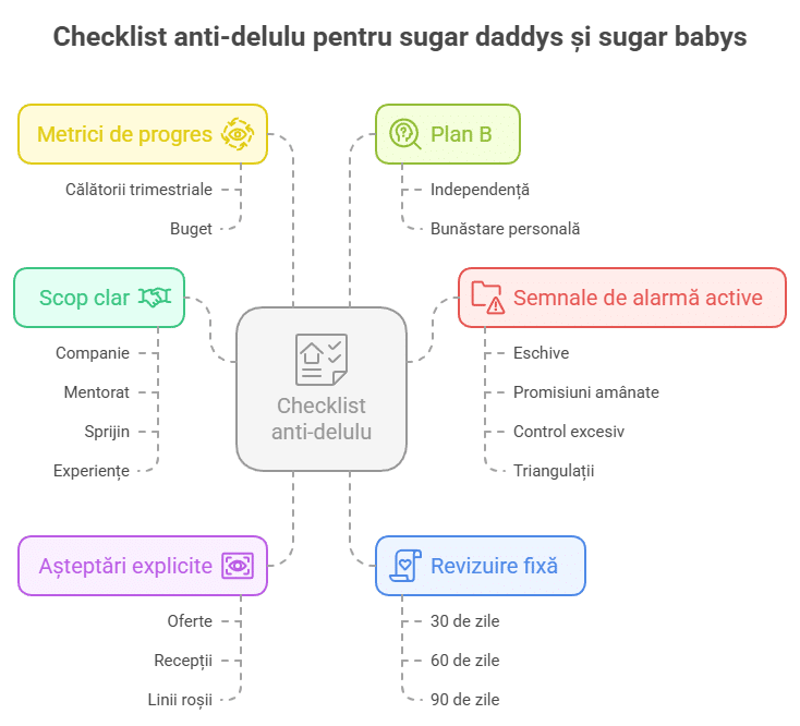 infographic: Checklist anti-delulu pentru sugar daddys și sugar babys
Metrici de progres
Plan B
Călătorii trimestriale
Independență
Buget
Bunăstare personală
Scop clar
Semnale de alarmă active
Companie
Eschive
Mentorat
Checklist anti-delulu
Promisiuni amânate
Sprijin
Control excesiv
Experiențe
Triangulații
Așteptări explicite
Revizuire fixă
Oferte
30 de zile
Recepții
60 de zile
Linii roșii
90 de zile