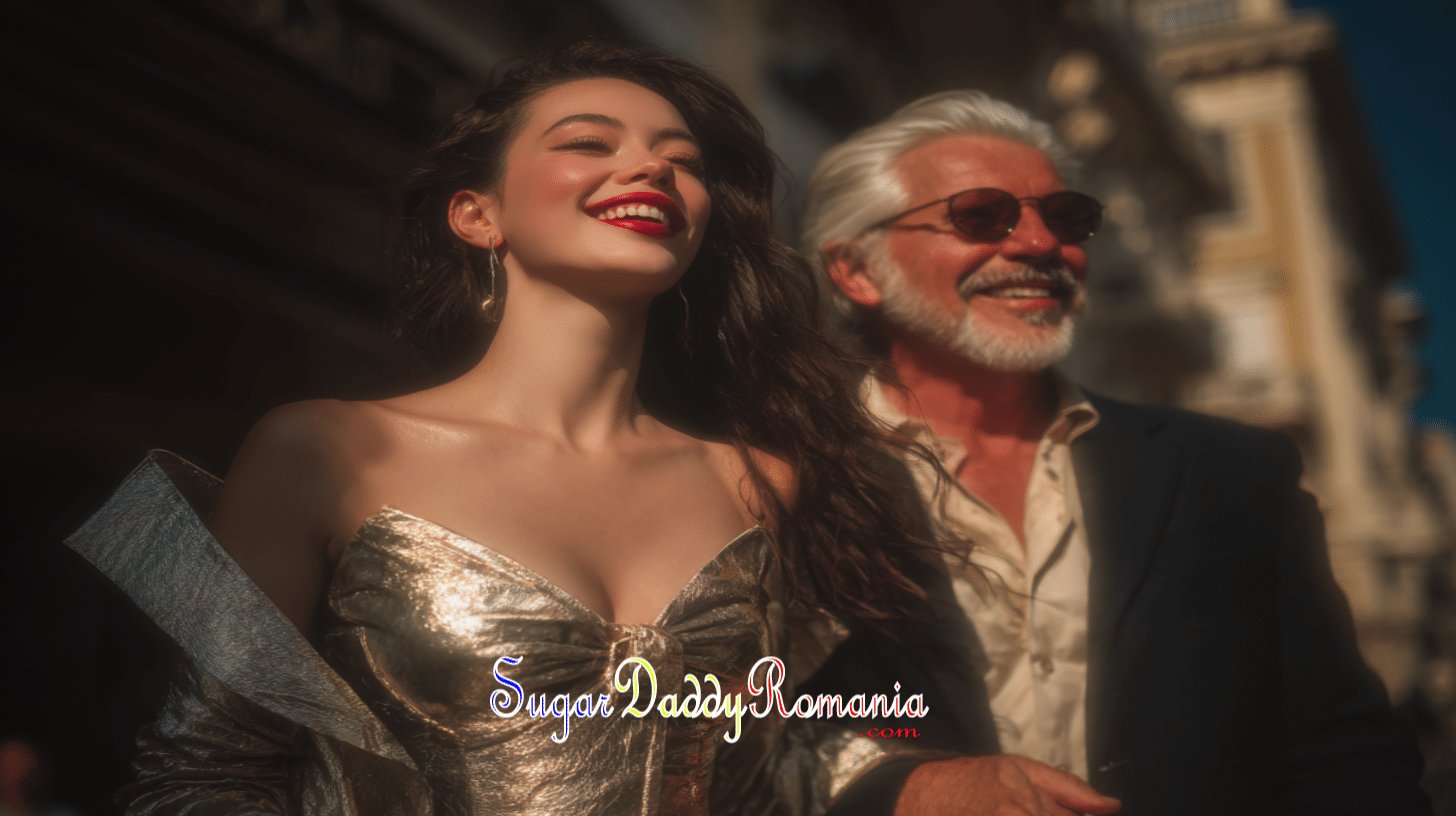 Femeia Sugar Baby și bărbatul Sugar Daddy râd într-o aură tulbure ca într-un vis, par foarte entuziasmați, sunt încântați.