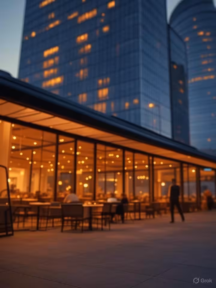 elegant business district of Bucharest at dusk, luxury cafes and restaurants glowing warmly, sophist