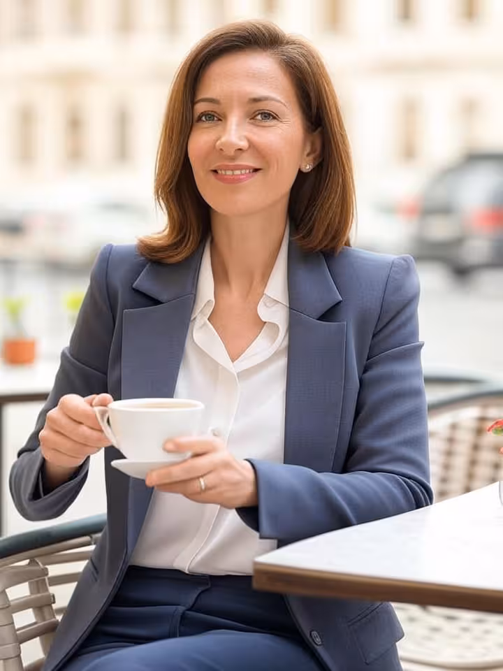 Elegant mature woman in her 30s having coffee at a sophisticated Bucharest terrace, confident postur