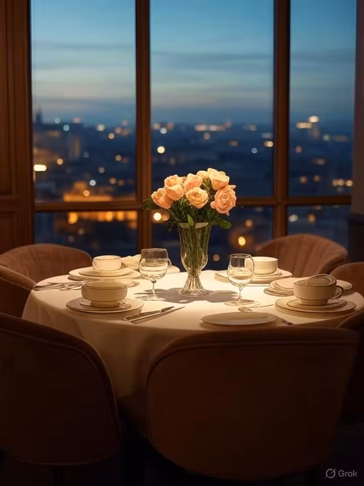 upscale restaurant interior in Bucharest, intimate table setting by window overlooking city, warm am