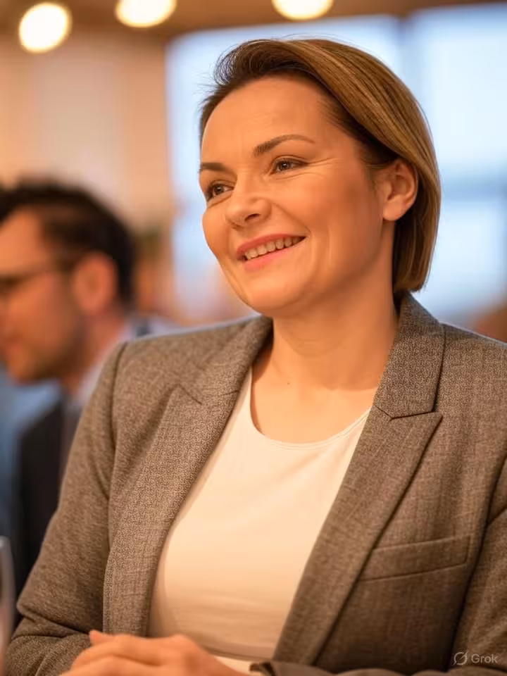 Mature professional Romanian woman at a business conference, networking event in Cluj-Napoca, elegan