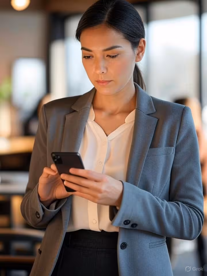 professional woman using smartphone in modern Bucharest cafe, confident posture, elegant casual atti
