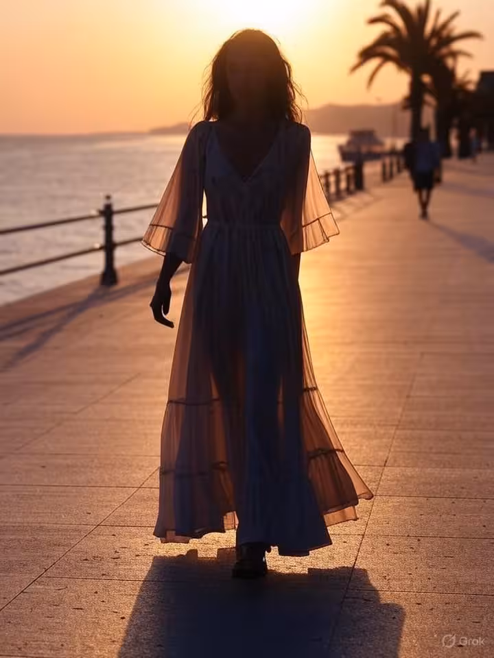 Sunset view over Constanta seaside promenade, relaxed summer atmosphere, silhouette of elegant woman