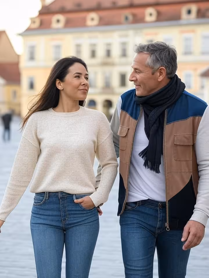 Young woman and mature man walking together through beautiful historic Brasov old town, exclusive re