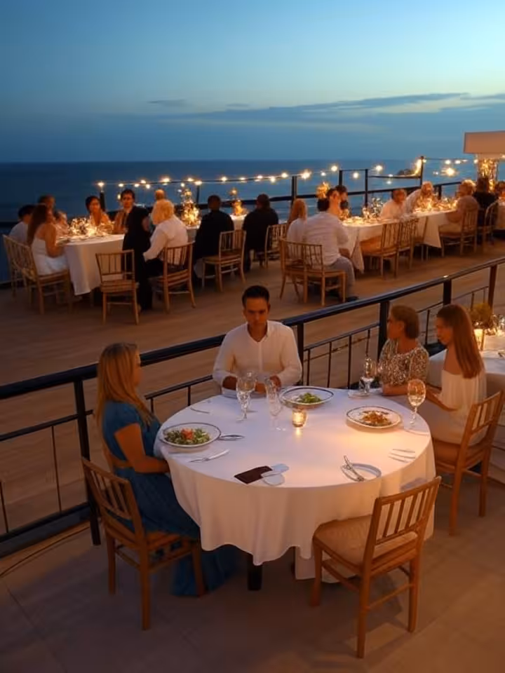 Elegant rooftop terrace restaurant overlooking Black Sea in Constanta Romania, sophisticated dinner