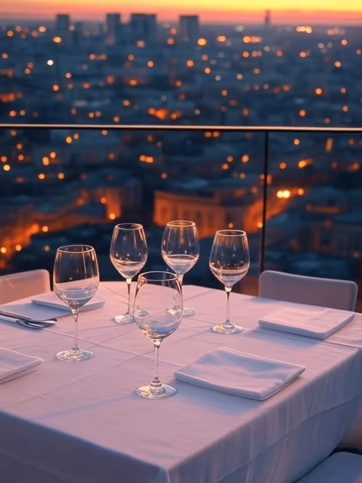 Panoramic view of Bucharest skyline at sunset from rooftop restaurant terrace, city lights beginning