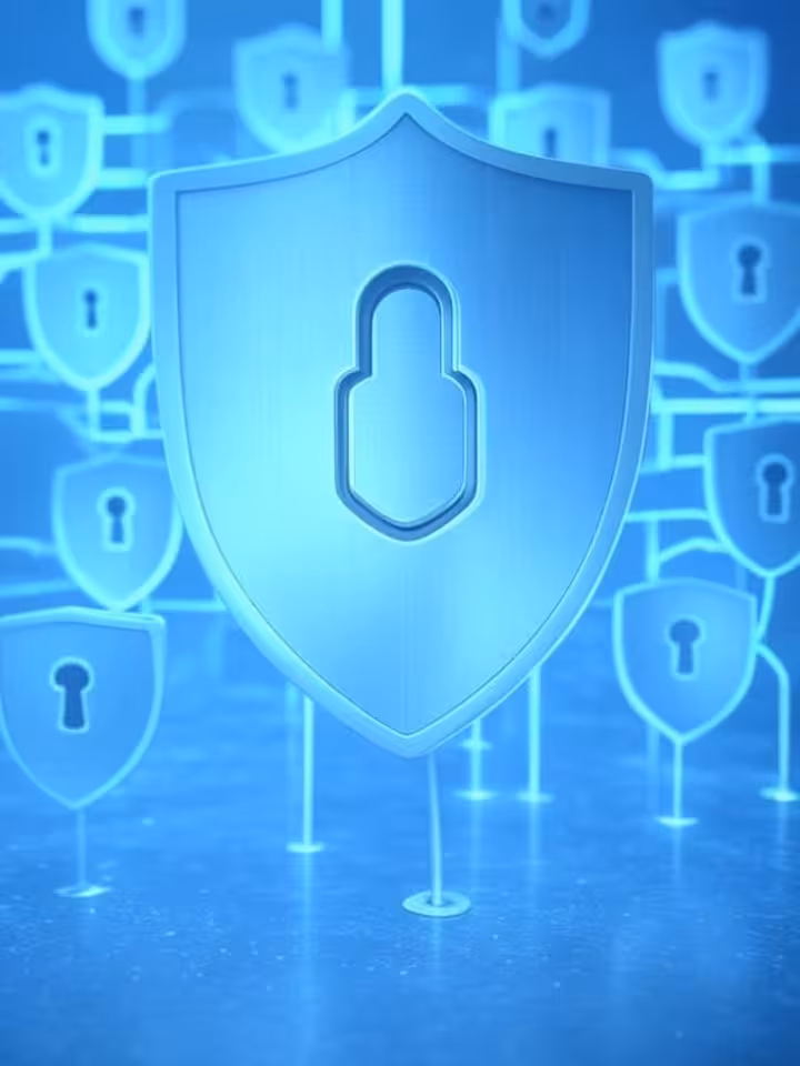 Abstract digital security concept: interconnected shield icons, encrypted data streams, padlock symb