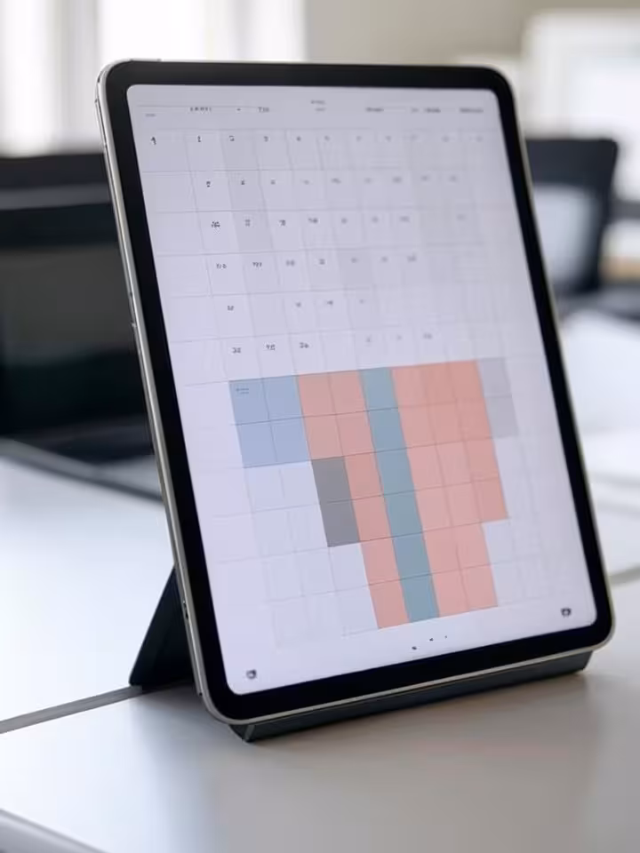 Time management concept visualization, calendar app interface with blocked time slots, modern minima