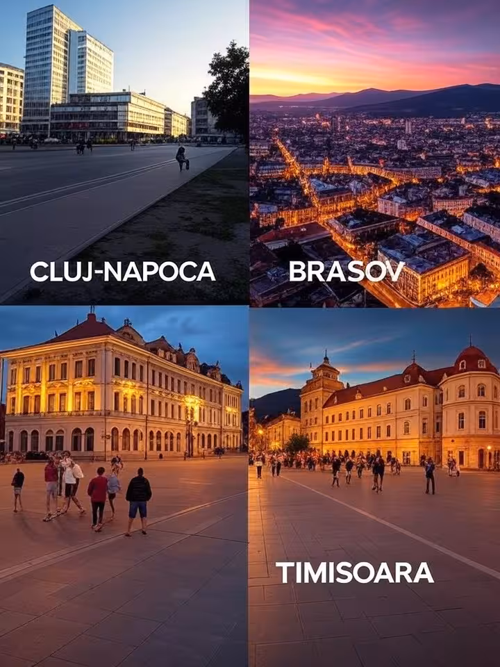 Diverse Romanian cities montage: Cluj-Napoca tech hub, Brasov mountain backdrop, Constanta seaside,