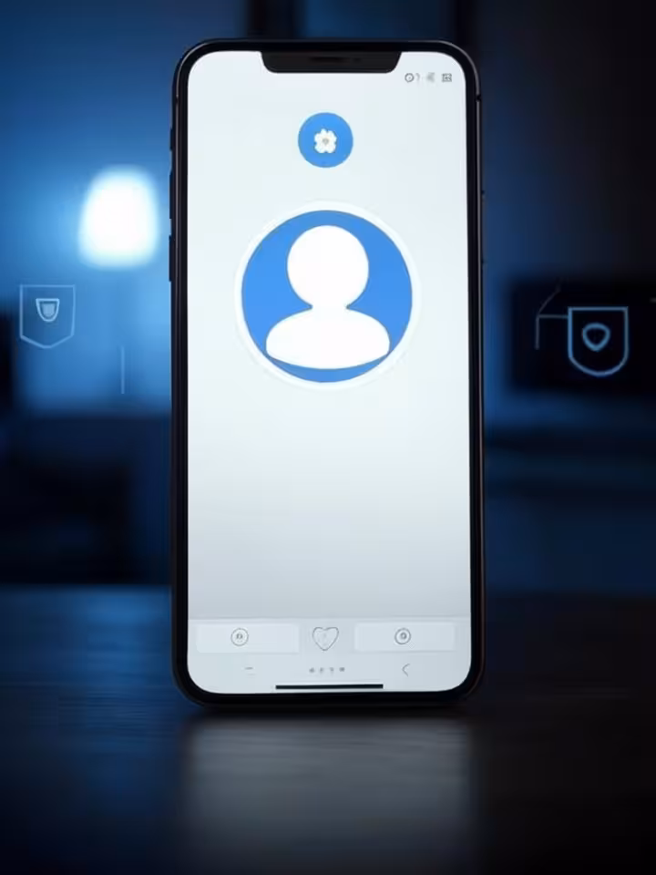Digital security and privacy concept with smartphone showing verified profile, shield icons, secure