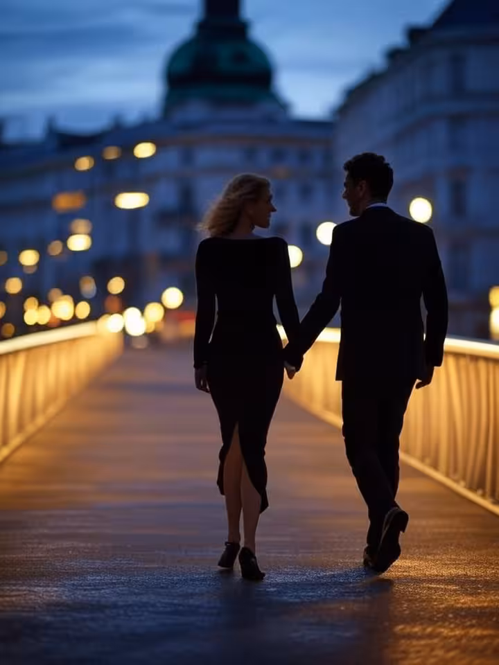 European city break romantic scene, elegant couple silhouettes walking on illuminated bridge at dusk