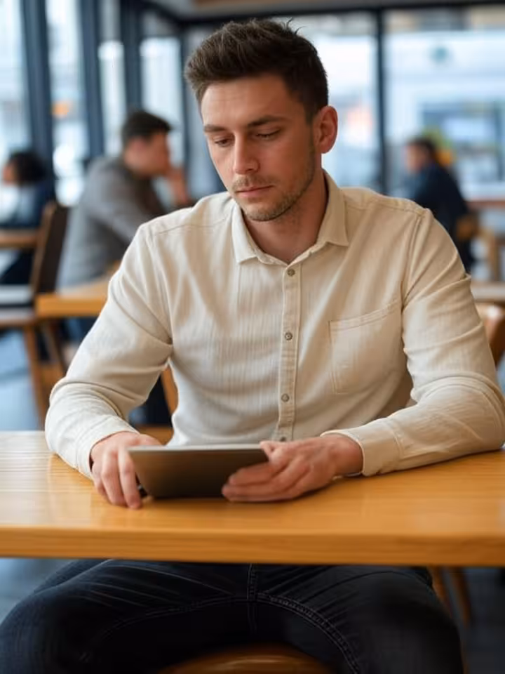 Young professional man in elegant casual attire using tablet in modern Cluj-Napoca coffee shop, focu