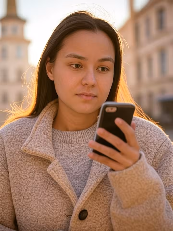 Young woman looking thoughtful and cautious while checking smartphone in urban Romanian setting, gol