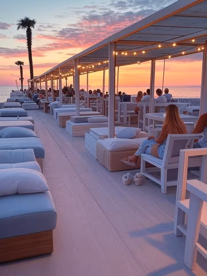 Mamaia beach promenade at dusk with modern beach bars, stylish outdoor lounges, string lights creati