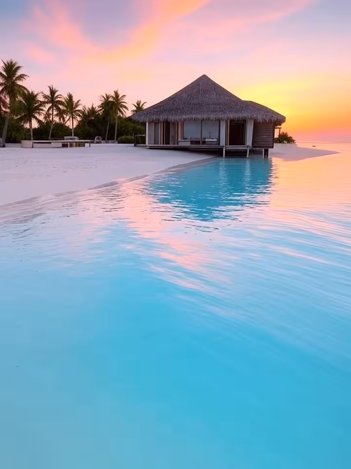Exotic tropical luxury resort, overwater bungalow in Maldives or Bali, turquoise lagoon, pristine wh