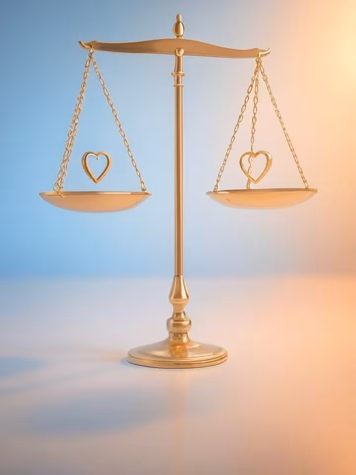 abstract representation of emotional balance: delicate scales made of gold with heart and brain symb