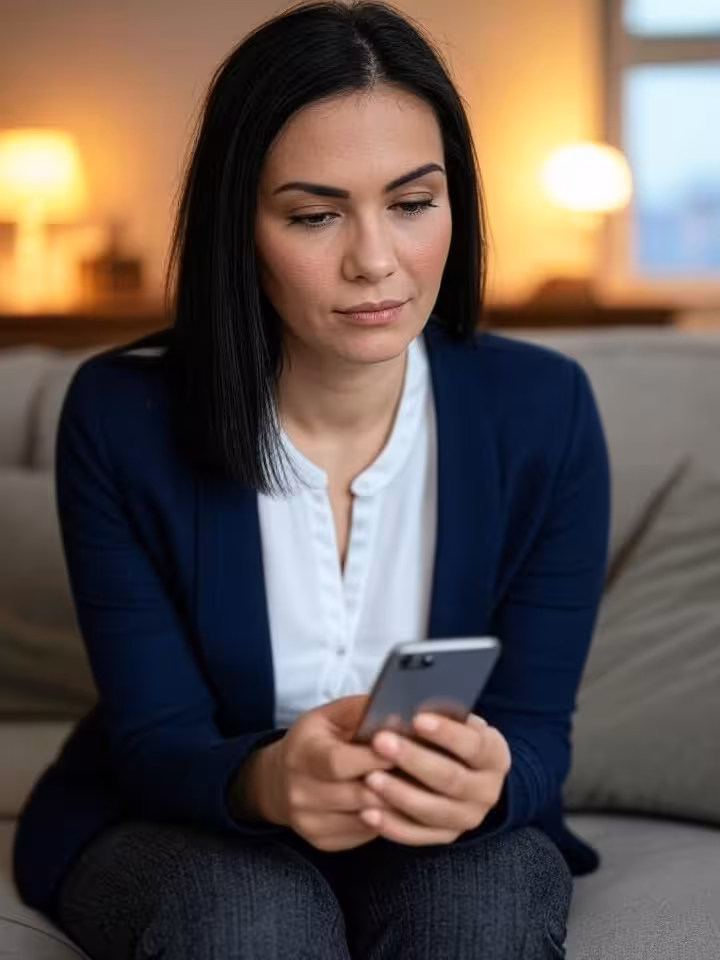 Sophisticated Romanian woman in Timisoara reading smartphone in cozy indoor setting, thoughtful expr